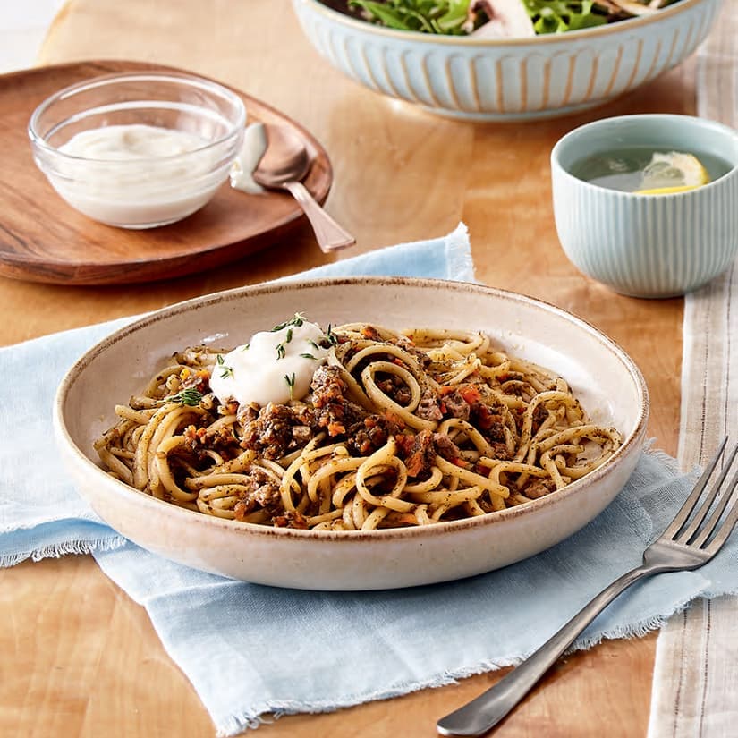 Linguines, sauce bolognaise végé aux champignons