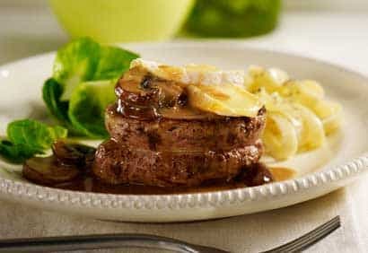 Médaillons de veau, champignons, fondue de canard