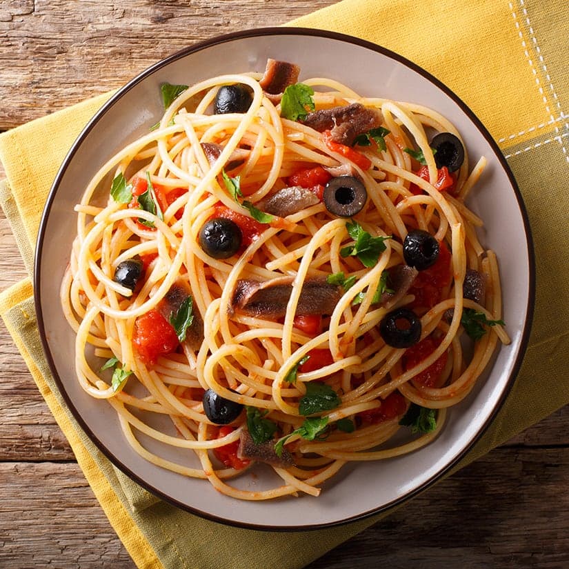 Spaghettis chèvre et tomates rôties