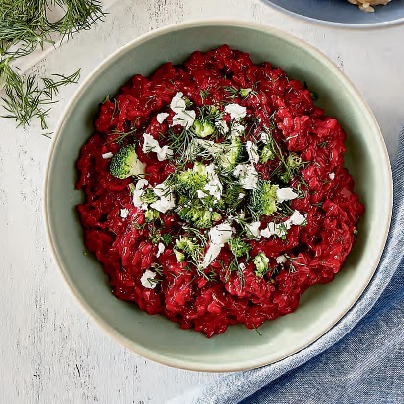 Risotto à la betterave, au chèvre et au brocoli