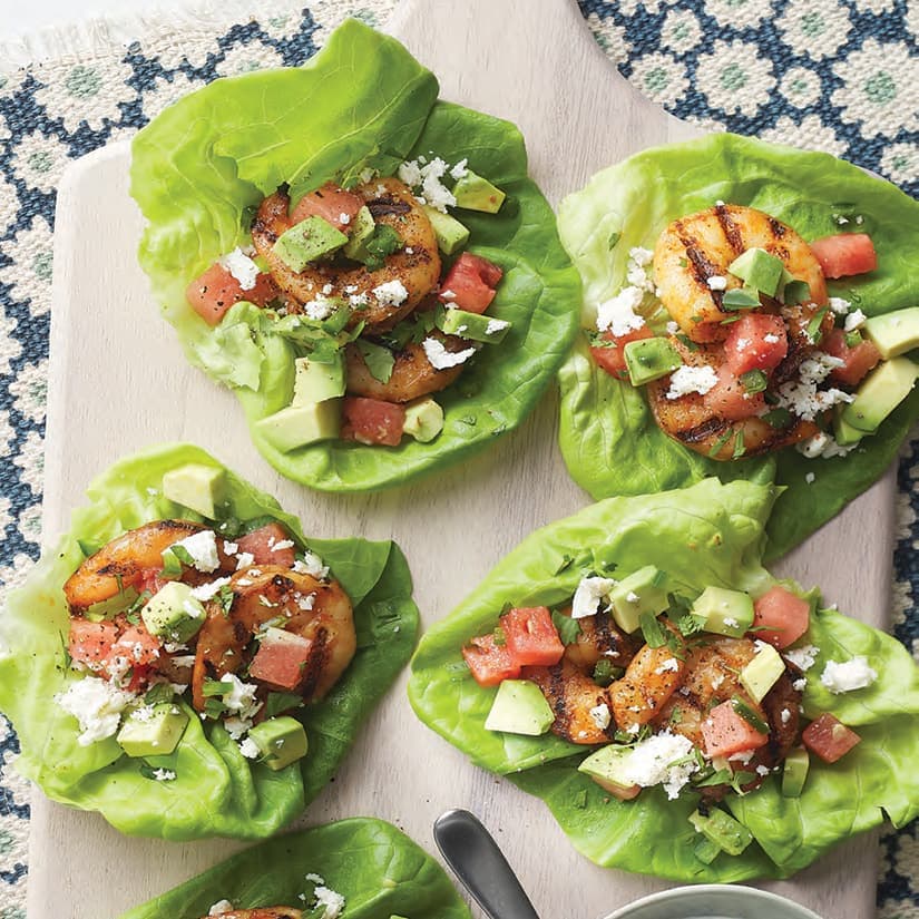 Coupelles de laitue : crevettes grillées & melon