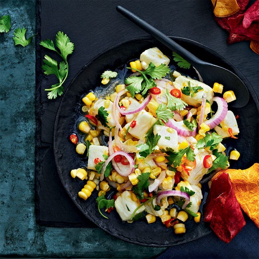 Ceviche de flétan à la lime et au maïs