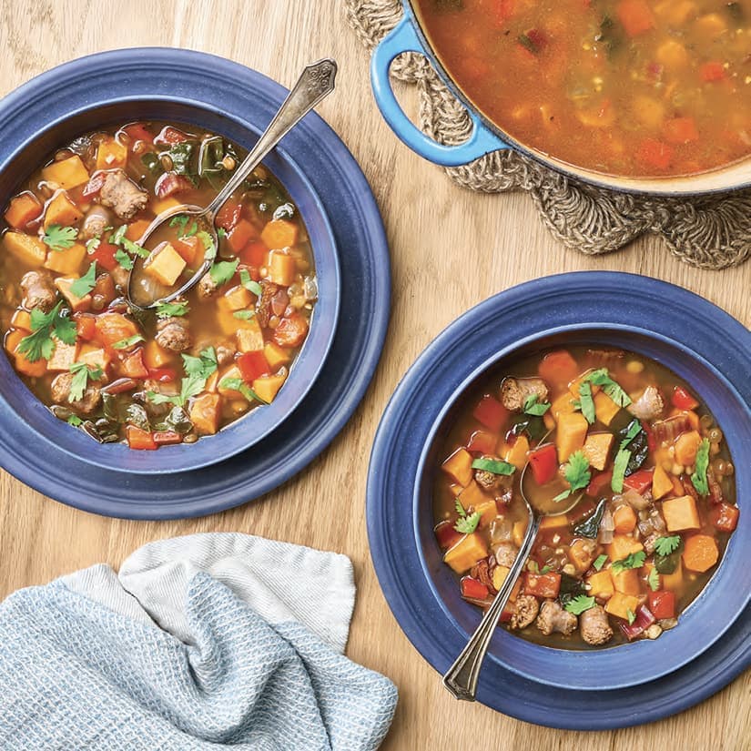 Soupe lentilles, patates et merguez savoureuse