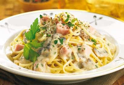 Linguine, sauce crémeuse champignons-jambon