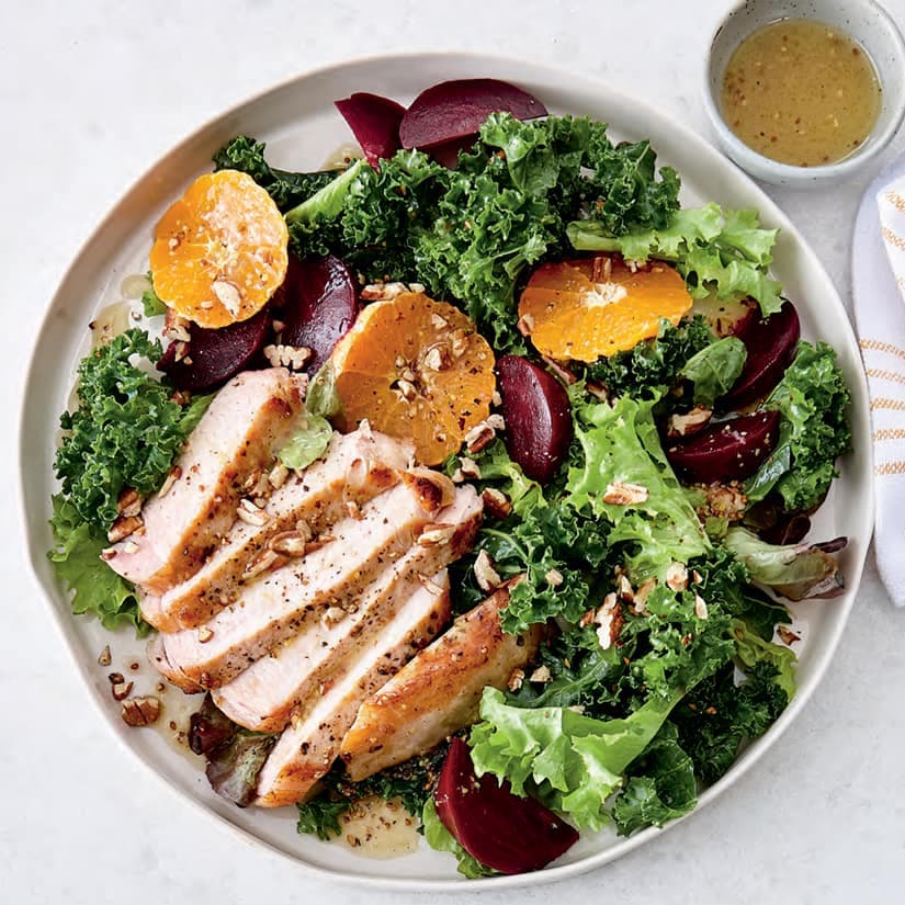 Salade côtelettes porc, clémentines, betteraves