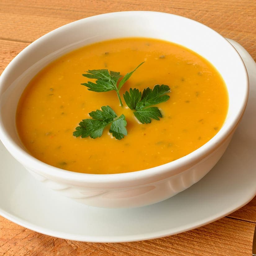 Potage carotte rôtie, croûtons chèvre