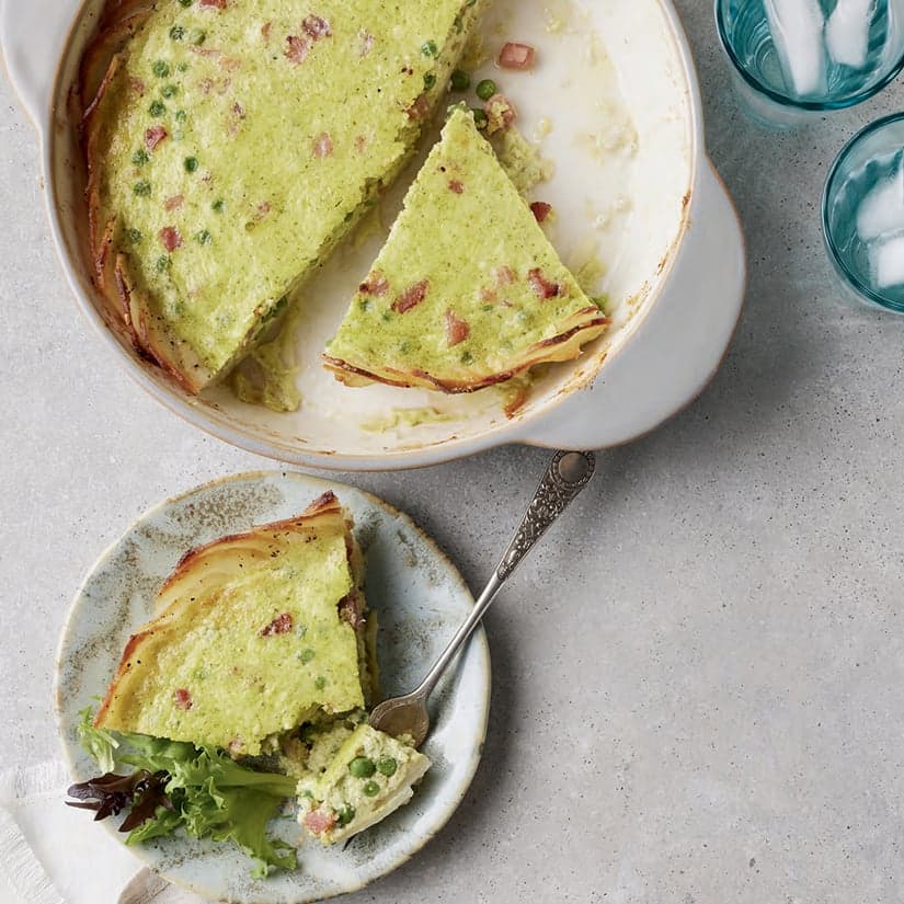Quiche ricotta-petits pois, croûte pommes de terre