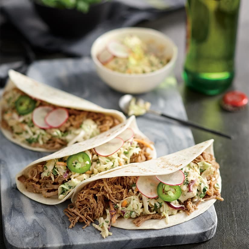 Tacos de porc effiloché à l’ail et au gingembre