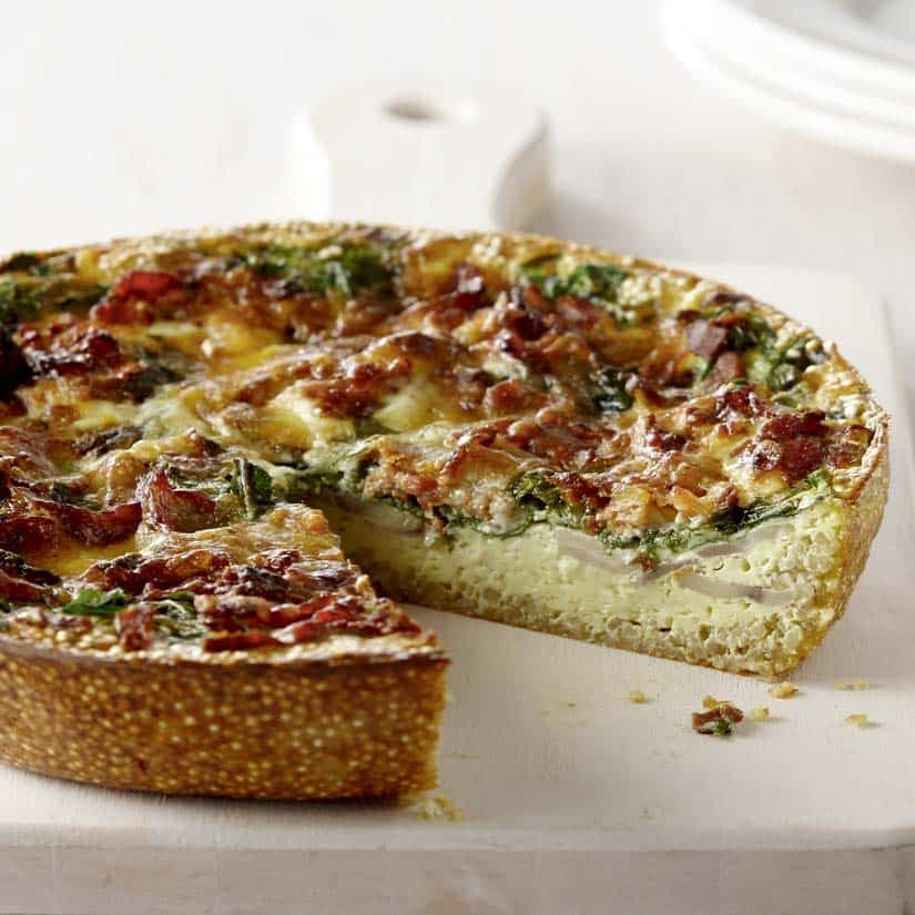 Quiche champignons-bacon, croûte quinoa gourmande
