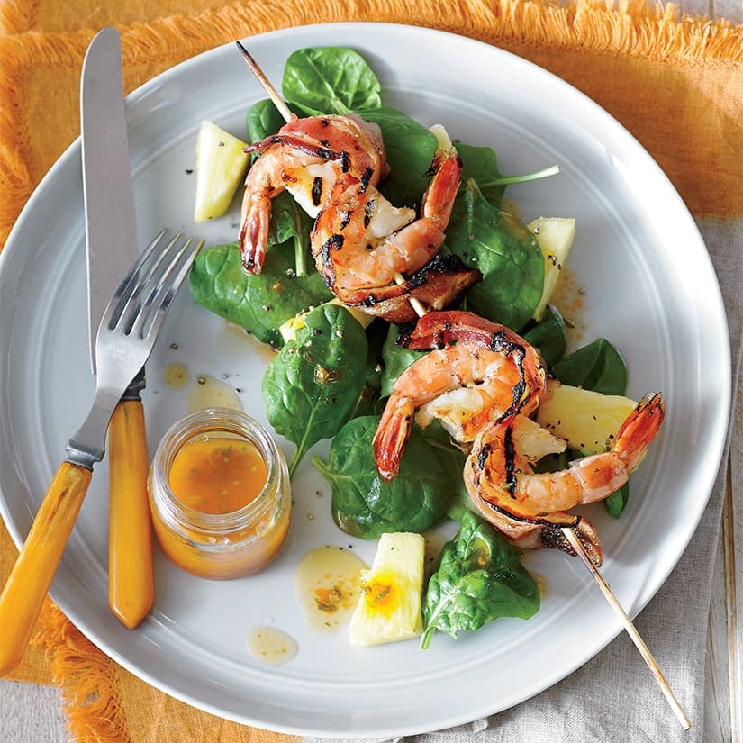 Brochettes de crevettes au bacon