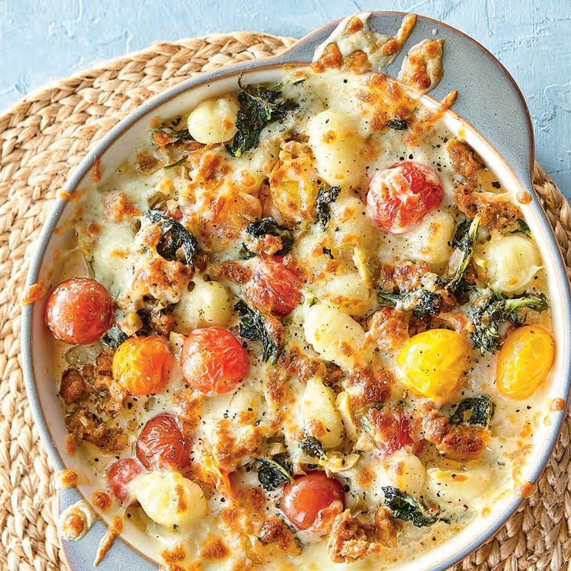 Gratin de gnocchis à la saucisse et au kale